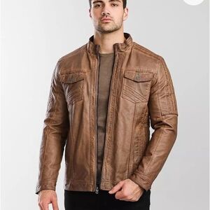 Buckle Faux Leather Men's Jacket Color:Cognac Size S